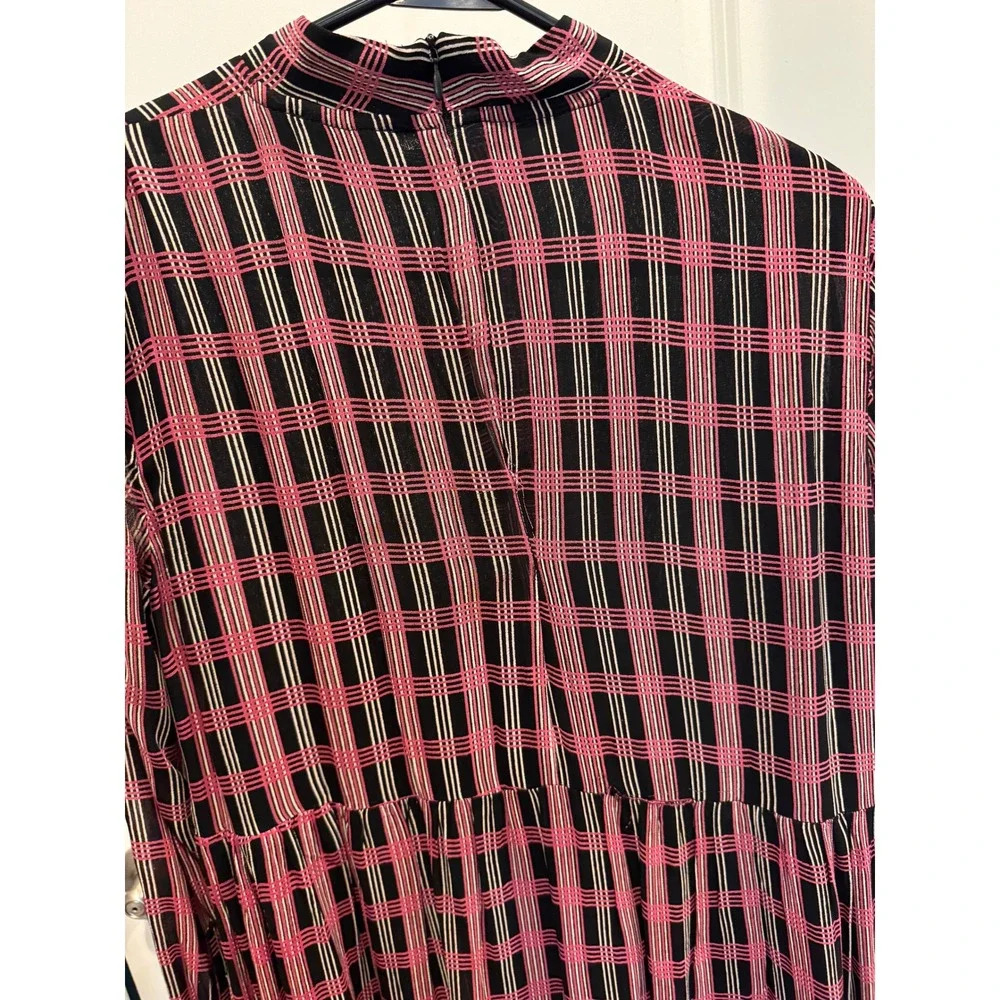 GANNI Pink Black Plaid Mock Neck Long Sleeve Midi Mod Dress Size M - Picture 6 of 13